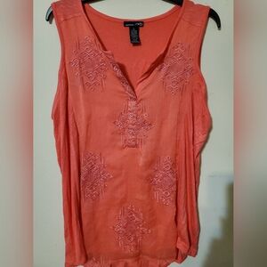 Coral Embroidered Boho Sleeveless V-Neck Tunic Summer Beach Top